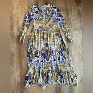 Mare Mare x Anthropologie boho palm Geometric Long Sleeve Ruffle Midi Dress XS